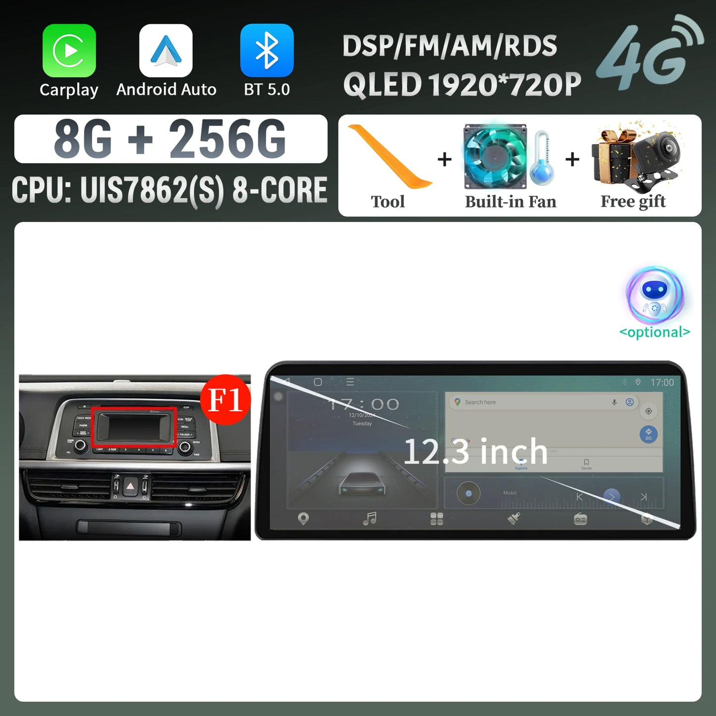 12.3inch Android 14 For KIA K5 Optima 2015 2016 2017 2018 2019 Car Radio Multimedia Navigation GPS Carplay Stereo Touch Screen