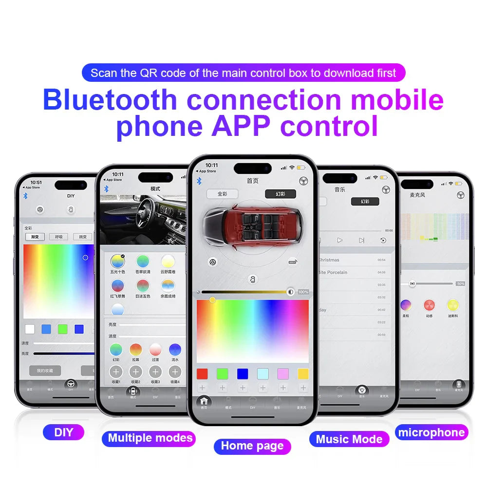 6/10/14/18/22 in 1 Led Car Hidden Ambient Light Symphony RGB 64 Color Bluetooth APP Interior Acrylic Matt Black Strip Backlight