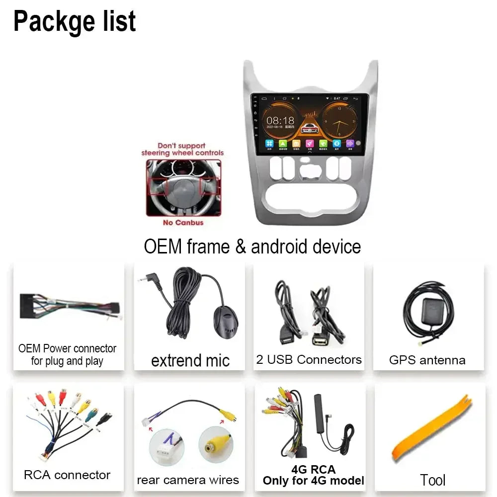 2Din 4G Android 14 Car Radio Multimedia Video Player For Renault Logan 1 Sandero 2009 - 2015 Dacia Duster GPS Carplay Navigation
