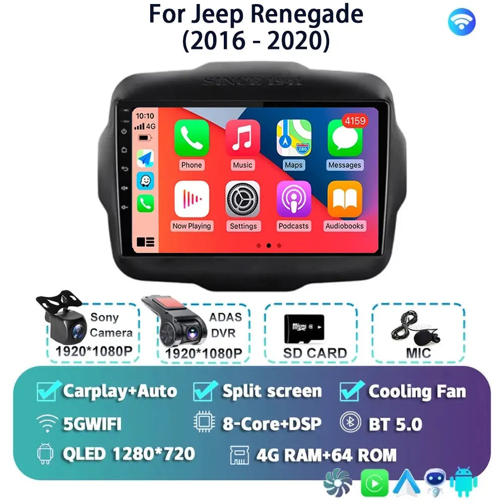Android 14 For Jeep Renegade 2016 - 2020 2K QLED Android Car Radio Multimedia Video Player GPS AI Voice CarPlay 4G Stereo