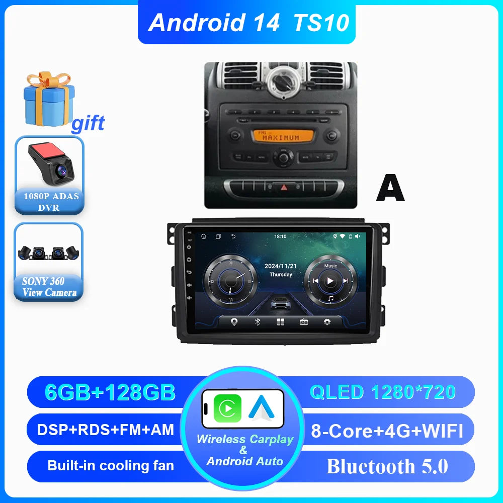 Car Android 14 GPS Navigation For Mercedes Benz Smart Fortwo 451 2010 - 2015 Auto Radio Stereo Multimidia Player Carplay NO 2DIN