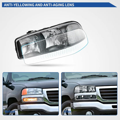 Headlight Assembly Compatible with 1999 2000 2001 2002 2003 2004 2005 2006 GMC Sierra 1500 2500 3500/00-06 GMC Yukon Headlamp wi