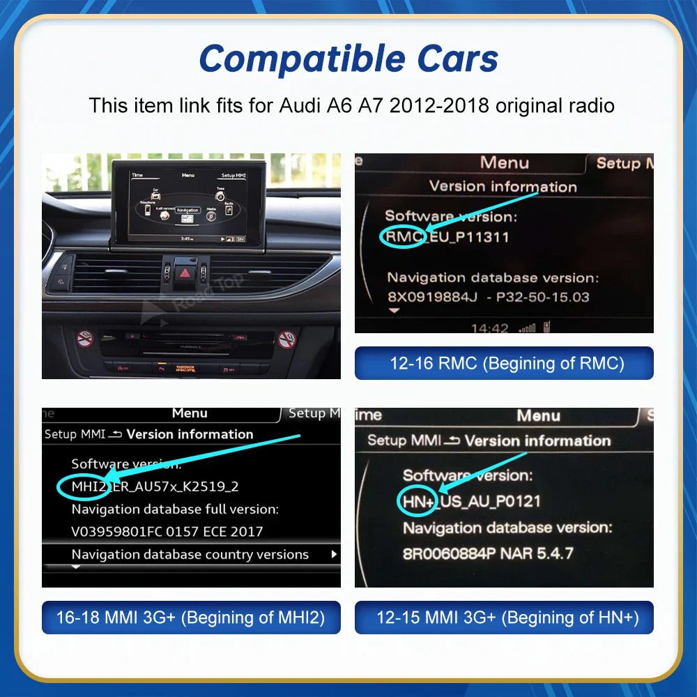 Road Top Wireless Android Auto For Audi Car A6 A7 RMC 3G MMI MHI2 2012-2018 Carplay Interface Mirror Link Air Play
