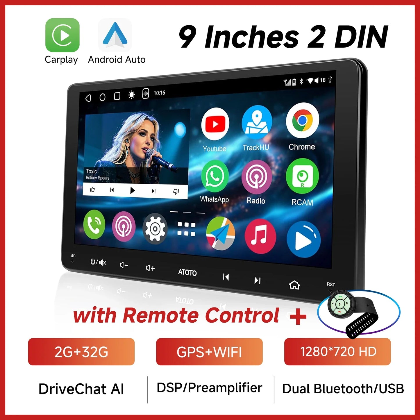 ATOTOZONE 9 Inch Android Car Radio Stereo Multimedia GPS Navigation Bluetooth WiFi FM Support Wireless Android Auto Carplay