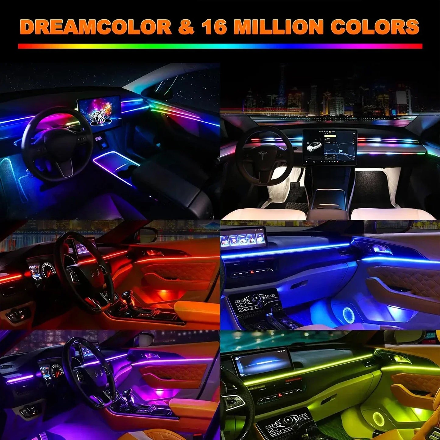 Car Symphony Ambient LED Lamp Strips Remote App Control Auto Interior Accessories 64 RGB Rainbow Atmosphere Acrylic Lights 22in1