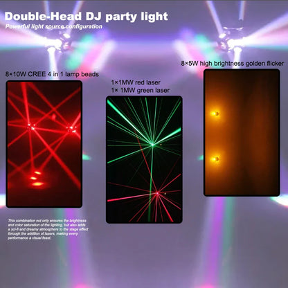 2 Arms Rotating Moving Head Light 8PCS Beads Stage Effect RGBW Beam Laser Strobe Disco Party DMX Sound Control Light power tools