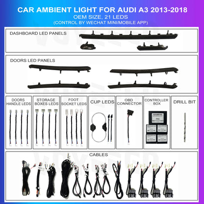 21 in 1 Ambient Lighting Car Kit For Audi A3 2013-2020 without Air Vent Dashboard Door Decoration Atmosphere Lamp by APP Control