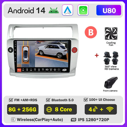 Android 14 For Citroen C4 C-Triomphe Quatre 2004-2014 Car Radio Multimedia Video Player GPS 2Din Android Carplay Stereo DVD 4G
