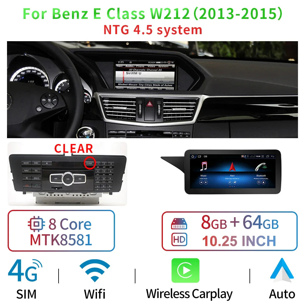 8 Core Android System Car GPS Navi Screen For Mercedes W212 2009-2016 WIFI SIM 8+128GB BT Carplay IPS Screen Multimedia Player