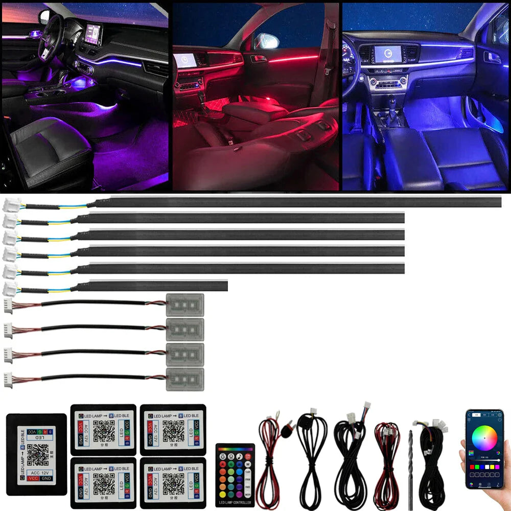 22in1 Universal Symphony Colorful Car Ambient Light Neon RGB Automobile Acrylic Strip Decor lamp APP & RF Remote Controller