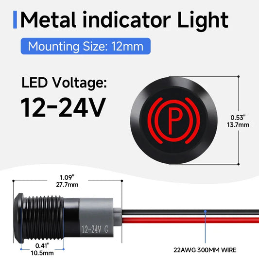 12mm Dashboard Indicator Light 12V Car Turn Signal Trouble Lamp High Beam Metal Waterproof Dash Warning Light with 300mm Wire