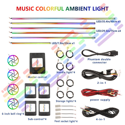 Car Symphony Ambient LED Lamp Strips Remote App Control Auto Interior Accessories 64 RGB Rainbow Atmosphere Acrylic Lights 22in1