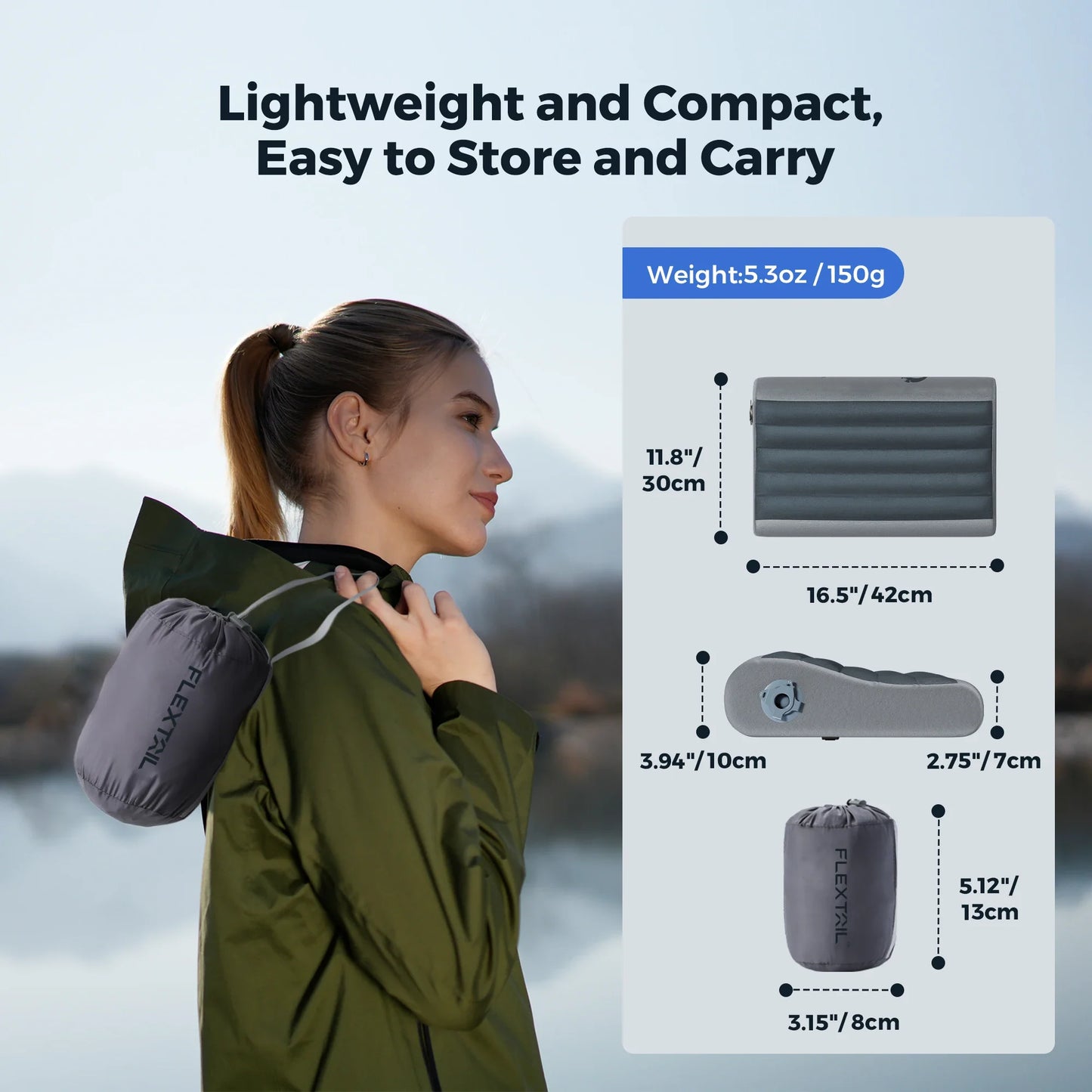 FLEXTAIL ZERO PILLOW - Ergonomic Inflatable Pillow with Dual Support for Travel and Home, Lightweight, Washable, Ultra-Quiet