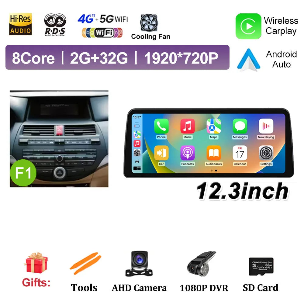 12.3 inch Android 14 for Honda Accord 8 2008 2009 - 2013 Car Multimedia Radio Player Wireless Carplay Monitor GPS Navigation BT