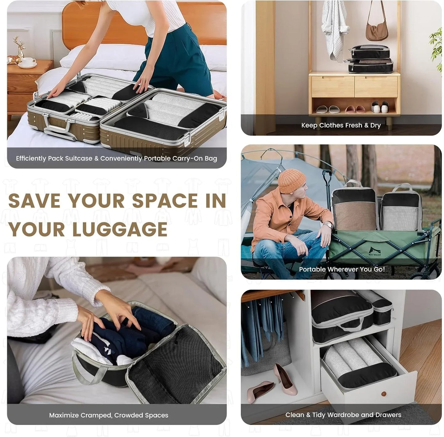 6PCS Travel Compressed Packing Cubes Storage Organizer Set With Shoe Bag Mesh Visual Luggage Portable Lightweight Suitcase Bag