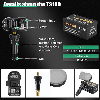 XTOOL TS100 TPMS Sensor Rubber Version 433MHZ & 315MHZ Tire Pressure Sensor Monitor Tester Tools Work With XTOOL TP150 IP819TP