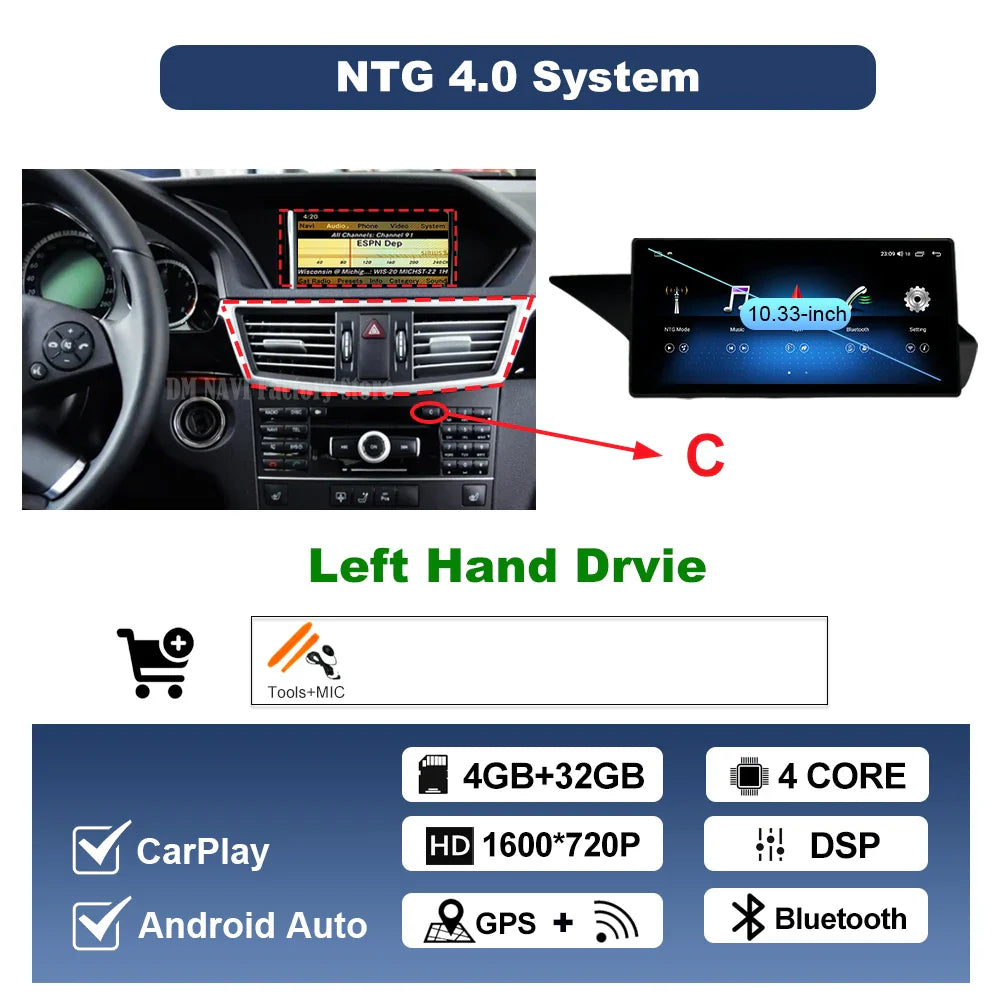 Wireless Carplay Android 14 for Mercedes Benz E Class W212 2009 - 2015 Car Radio Player Video DSP Stereo Touch Screen 4G WiFi BT