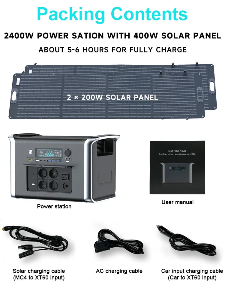 2000W/2048Wh Portable Power Station 640000mAh 220V LifePo4 Batterie Generator+200W Solar Panel Powerstation Emergency Backup