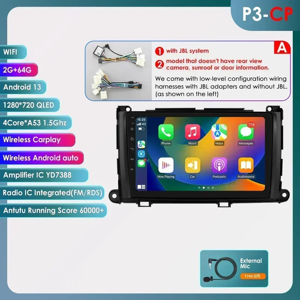 Hizpo For Toyota Sienna XL30 2010-2014 Car Radio Multimedia Video Player Navigation Stereo GPS Android Auto Carplay 8G+128GB RDS