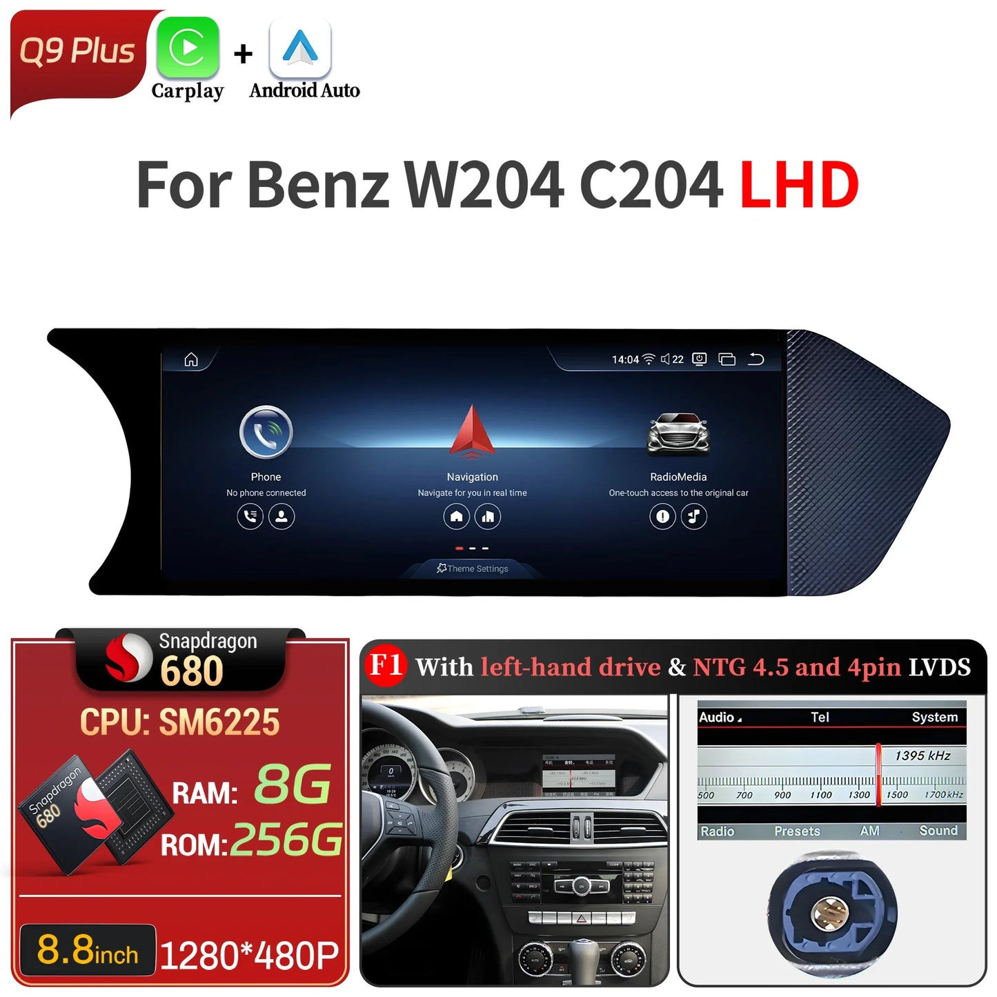8.8 inch Android 14 For Mercedes Benz C Class W204 S204 2011-2015 Car Radio BT Carplay Qualcomm Snapdragon 680 Head Unit Screen