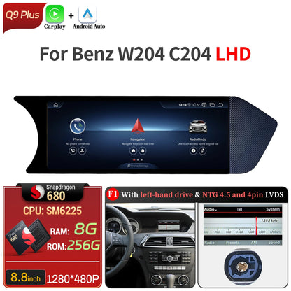 8.8 inch Android 14 For Mercedes Benz C Class W204 S204 2011-2015 Car Radio BT Carplay Qualcomm Snapdragon 680 Head Unit Screen