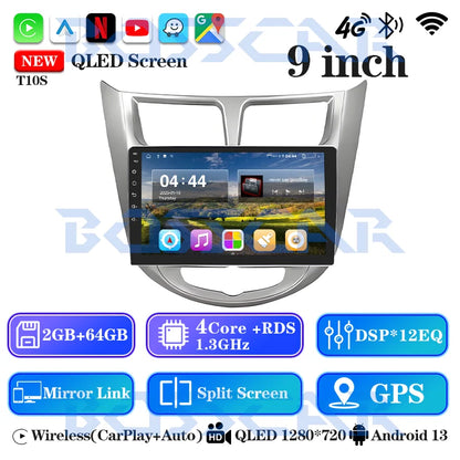 BOSSCAR 9" Car Radio For Hyundai Verna Accent Solaris 2010-2016 2Din Android Car Stereo DVD GPS Navigation Player QLED Carplay