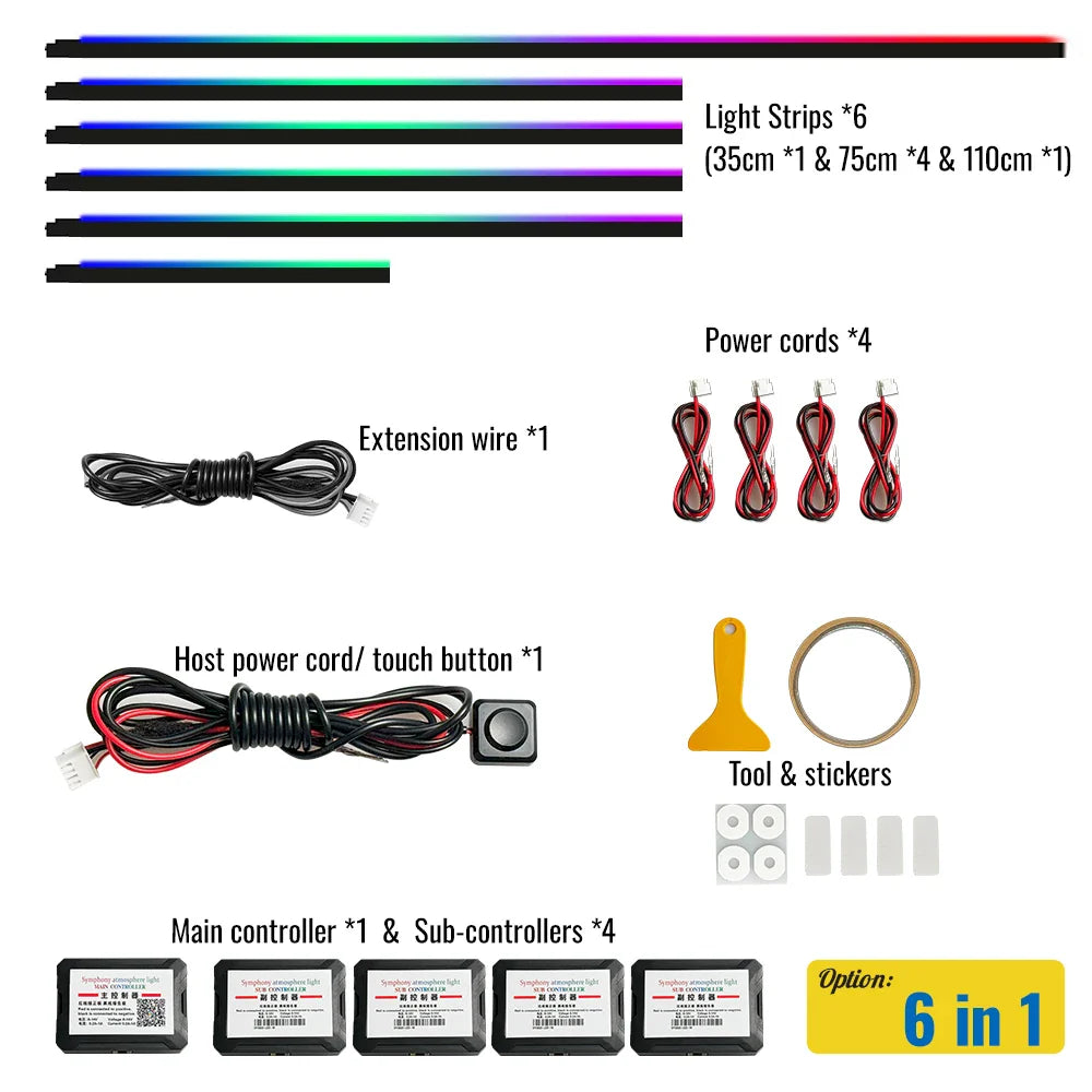 14 in 1 Dual Zone Symphony LED Car Ambient Lights RGB 64 Colors Interior Rainbow Acrylic Strip Neon Atmosphere Lighting Kit App