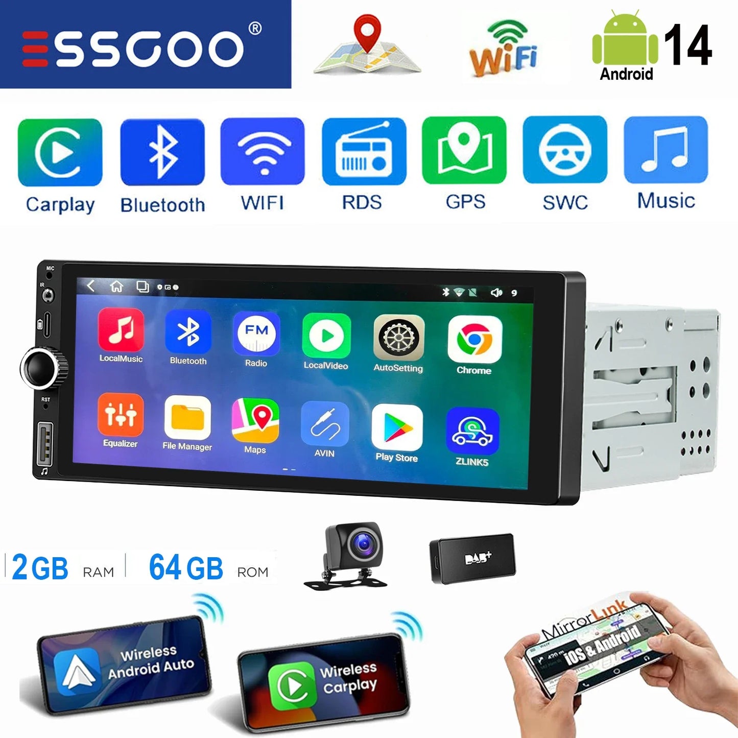 ESSGOO 6.86" Android 14 4+64G Universal Single DIN Car Stereo Radio CarPlay Android Auto BT USB SWC Wifi FM GPS Navi Mirror link