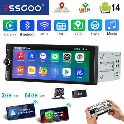 ESSGOO 6.86" Android 14 4+64G Universal Single DIN Car Stereo Radio CarPlay Android Auto BT USB SWC Wifi FM GPS Navi Mirror link