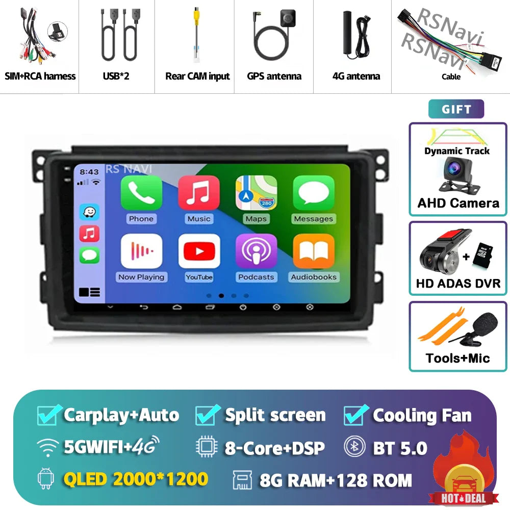 Android 14 Carplay Car Radio Multimedia For Mercedes-Benz Smart Fortwo 451 2005 - 2010 Head Unit GPS Navigation Video DVD Stereo
