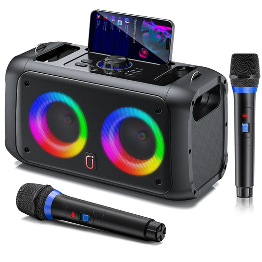 FanFun Portable Outdoor Party Dual Speakers, LED Ambient Lighting, Includes Two Wireless Microphones for Instrument Input