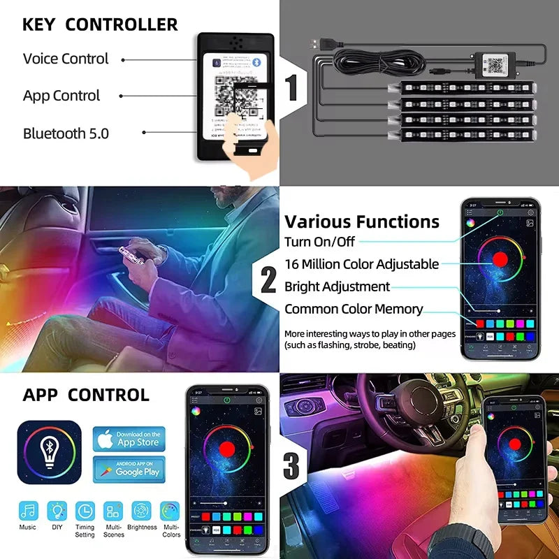 Car Interior RGB LED Strip Lights – Smart APP, Music Sync, Flexible Glow – Your Ultimate Ambient Decoration