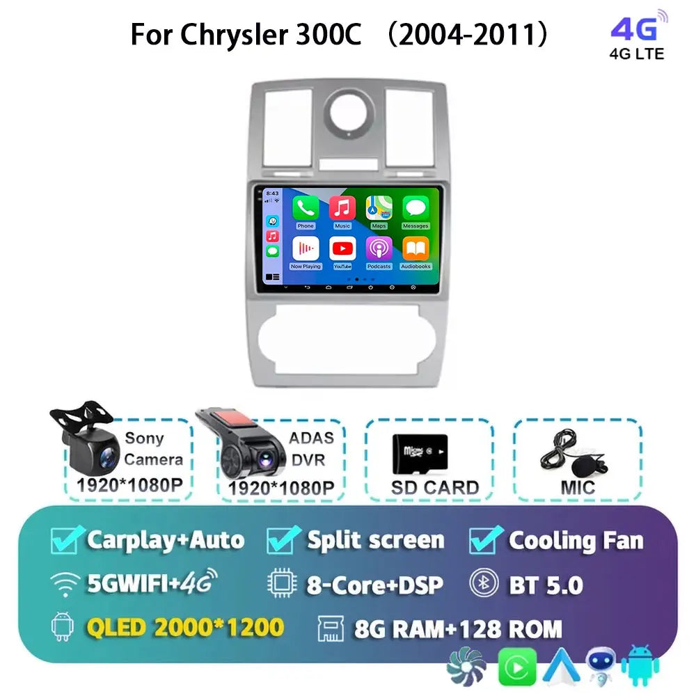 Android 15 For Chrysler 300C 2004-2011 Auto Carplay Car Radio Navigation GPS Video Multimedia Player 360 Camera 4G WIFI DSP