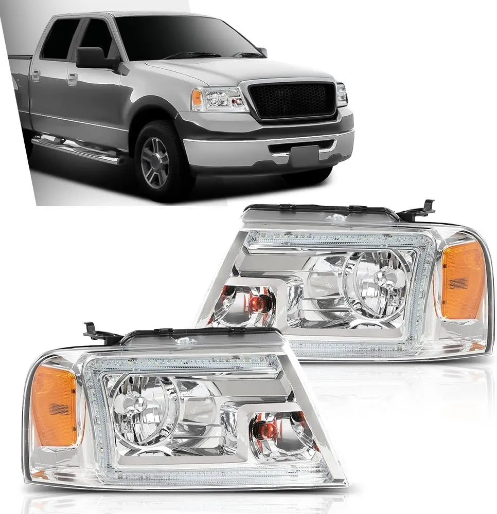 LED DRL Headlights Left& Right Halogen Compatible with Ford F150 2004-2008, Fit Lincoln Mark LT 2006-2008, Clear Lens Chrome Hou