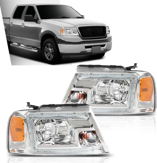 LED DRL Headlights Left& Right Halogen Compatible with Ford F150 2004-2008, Fit Lincoln Mark LT 2006-2008, Clear Lens Chrome Hou