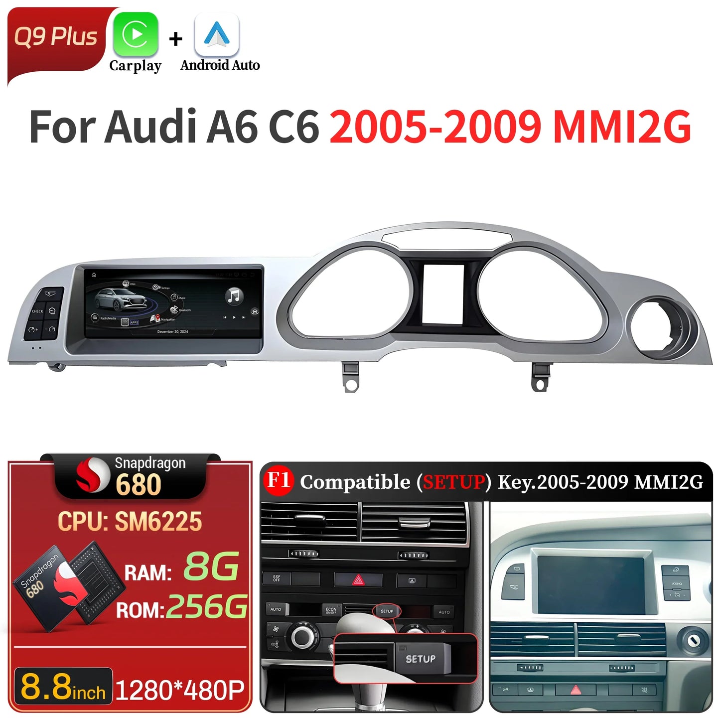 8.8 inch Right Hand Drive Android 14 For Audi A6 C6 2005-2011 Car Radio Wireless BT Carplay Qualcomm Snapdragon 680 Touch Screen