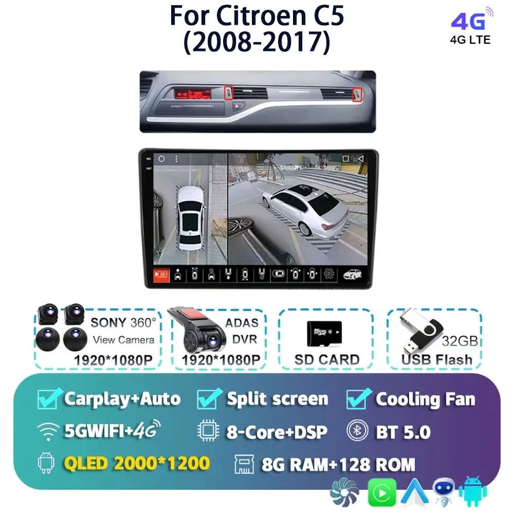 Android 14 Carplay Auto Car Radio Multimedia Player For Citroen C5 2008 2009 2010-2017 Autoradio Stereo DSP GPS 2din Head Unit