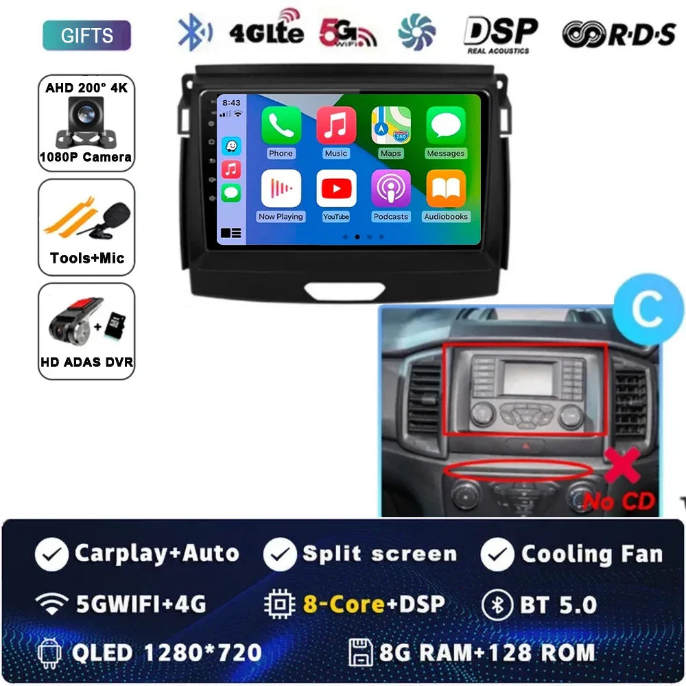 Android 15 Car Radio Stereo QLED Screen For Ford Ranger 2015 2016 2017 2018 2019-2022 GPS Multimedia Carplay Autoradio Head unit