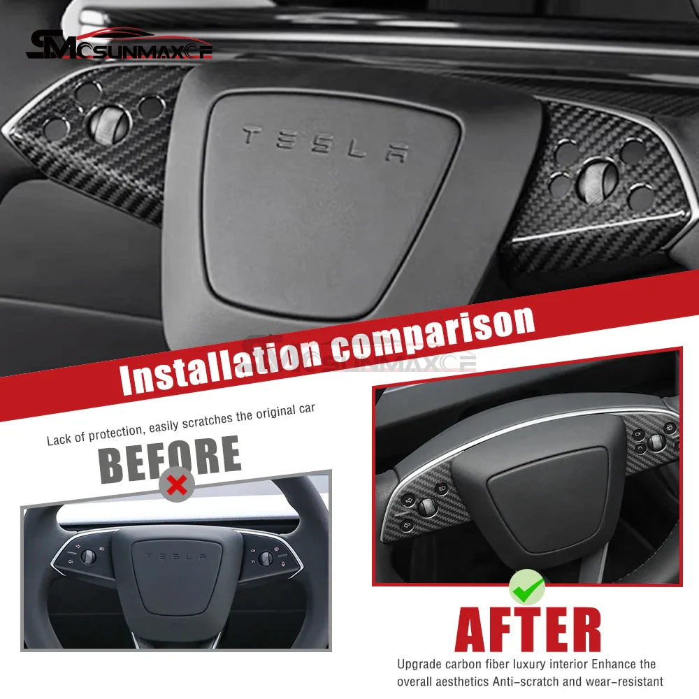 Real Forged Carbon Fiber Steering Wheel Trim Cover Car Interior Accessories For 2024 Tesla Model 3 Highland