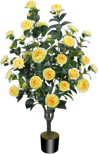 Artificial Camellia Fake Tree, Artificial Plants & Flowers with 32 Yellow Pink Flowers