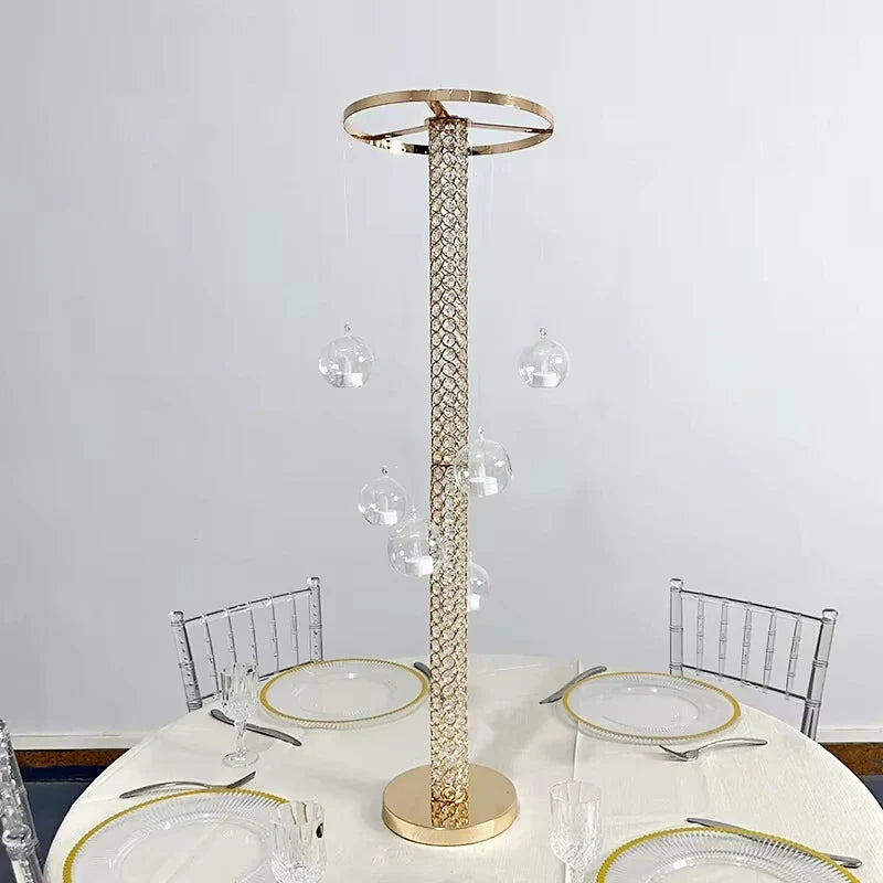 Metal Flower Stand Centerpiece with Hanging Ball Round Gold Wedding Table Centerpiece for Wedding Valentine's Day Decoration
