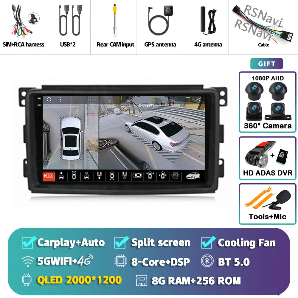 Android 14 Carplay Car Radio Multimedia For Mercedes-Benz Smart Fortwo 451 2005 - 2010 Head Unit GPS Navigation Video DVD Stereo