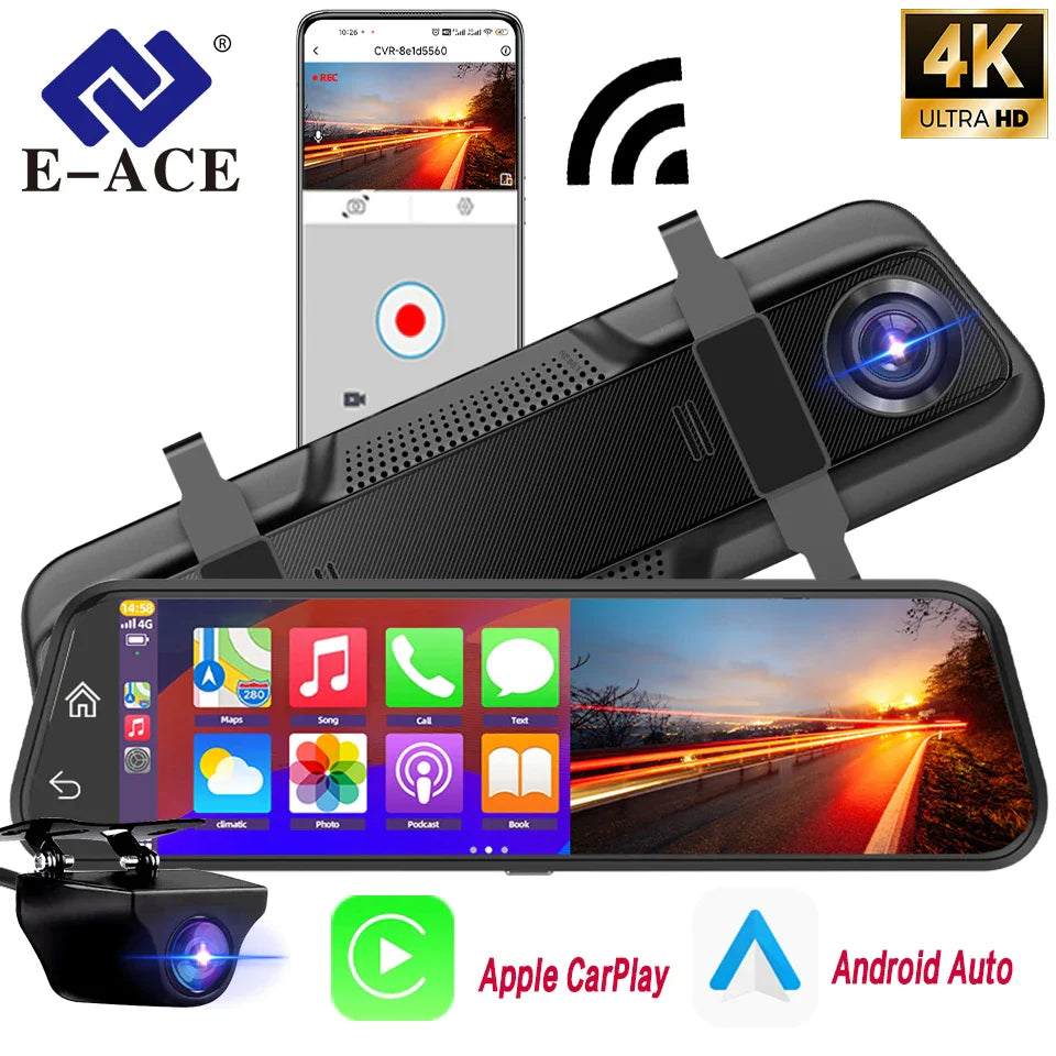 E-ACE 10” 4K Car Dvr Mirror Wireless Carplay & Android Auto Dashcam Video Recorder 1080P Rear View Camera GPS WIFI