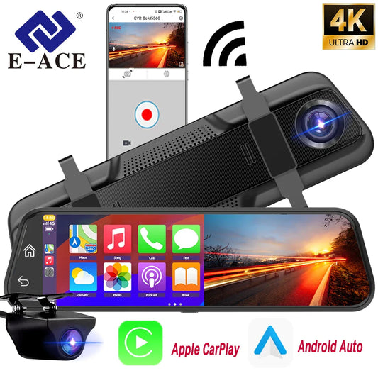 E-ACE 10” 4K Car Dvr Mirror Wireless Carplay & Android Auto Dashcam Video Recorder 1080P Rear View Camera GPS WIFI