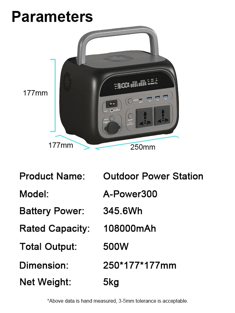 500w LiFePo4 Portable Power Station 345wh 108000mAh Camping Outdoor Solar Generator Batteries 220V 110V AC Output Power Bank RV