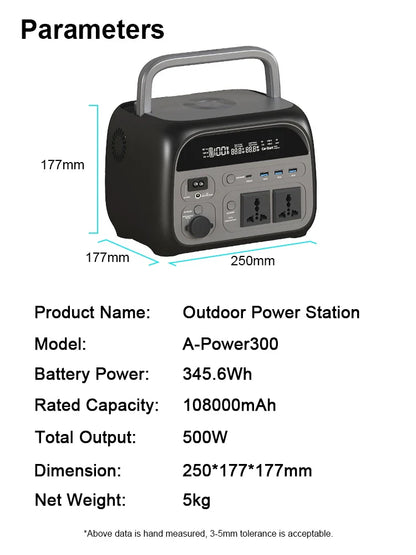 500w LiFePo4 Portable Power Station 345wh 108000mAh Camping Outdoor Solar Generator Batteries 220V 110V AC Output Power Bank RV