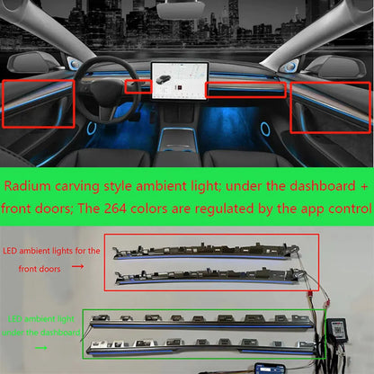 For Tesla Model 3 / Y 256 color center dashboard radium engraving style LED ambient light app control adjustment ambient light