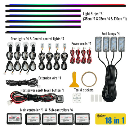 14 in 1 Dual Zone Symphony LED Car Ambient Lights RGB 64 Colors Interior Rainbow Acrylic Strip Neon Atmosphere Lighting Kit App
