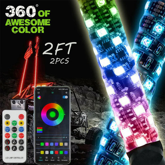 1Pcs/2PCS 2FT Bluetooth And Remote Control Spiral LED Whip Lights Lighted Antenna Whips for ATV Polaris RZR