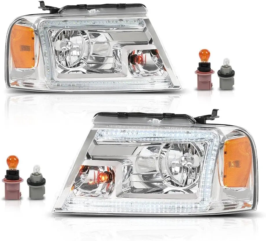 LED DRL Headlights Left& Right Halogen Compatible with Ford F150 2004-2008, Fit Lincoln Mark LT 2006-2008, Clear Lens Chrome Hou